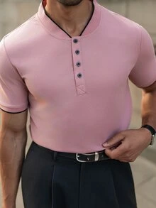 YOUESAWY YOUESAWY 男士對比飾邊鈕扣休閒短袖 Polo 衫，2000年代風格，正式，儀式 - 粉色 - 查看 4