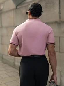 YOUESAWY YOUESAWY 男士對比飾邊鈕扣休閒短袖 Polo 衫，2000年代風格，正式，儀式 - 粉色 - 查看 2