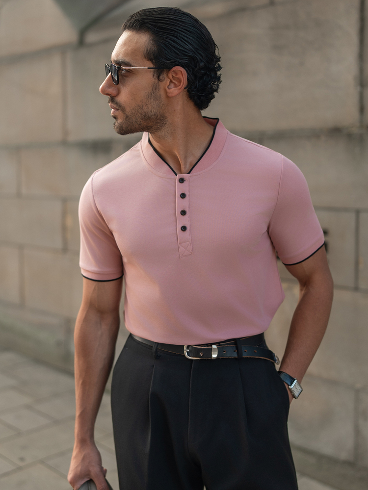YOUESAWY YOUESAWY Men's Contrast Trim Button Casual Short Sleeve Polo Shirt, 2000s Style, Formal, Ceremony - Pink - View 5