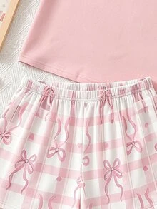 3件組青少年女孩居家服套裝，圓領短袖上衣搭配短褲與長褲，四季適用，黑粉白格紋與蝴蝶結印花，柔軟透氣輕盈針織面料，舒適時尚休閒睡衣睡褲 PJs，親膚舒適高品質彈性腰帶，時尚前衛現代簡約百搭日常舒適睡眠套裝 - 彩色 - 查看 3