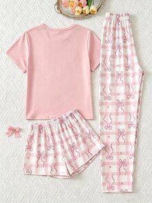 3件組青少年女孩居家服套裝，圓領短袖上衣搭配短褲與長褲，四季適用，黑粉白格紋與蝴蝶結印花，柔軟透氣輕盈針織面料，舒適時尚休閒睡衣睡褲 PJs，親膚舒適高品質彈性腰帶，時尚前衛現代簡約百搭日常舒適睡眠套裝 - 彩色 - 查看 2