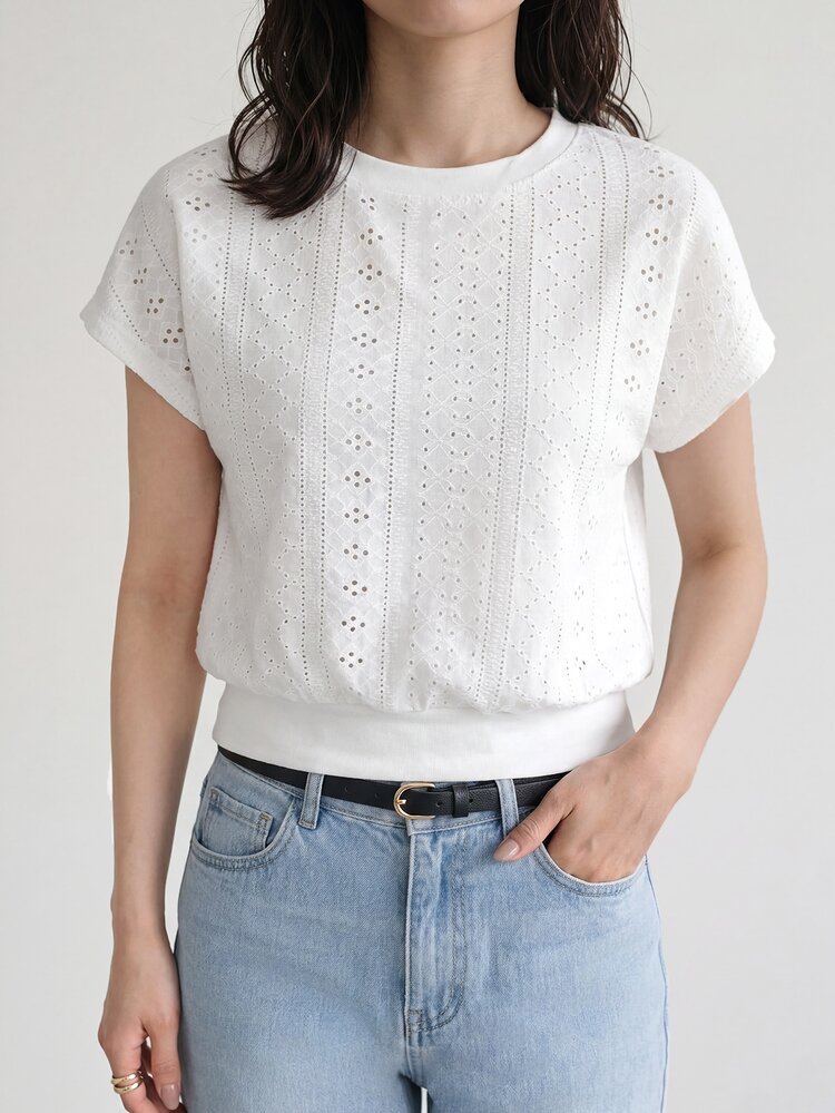 Yumoku Spring Break Tops Boho Women Clothing Easter Women's Short White Jacquard Fabric Romantic Date & Vacation T-Shirt, Spring - White - View 3
