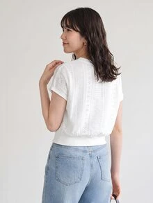 Yumoku Spring Break Tops Boho Women Clothing Easter Women's Short White Jacquard Fabric Romantic Date & Vacation T-Shirt, Spring - White - View 3