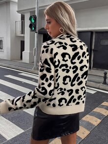 Balvessa 女士豹纹高领休闲长袖套头毛衣，秋冬季长袖针织衫 - 彩色 - 查看 2