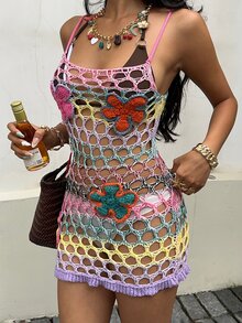 Sunnyshic 撞色钩花镂空针织毛衣裙 - 彩色 - 查看 5