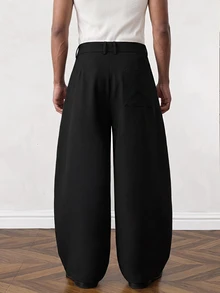 SWAVVY Men's Solid Color Pleated Curved Hem Loose Casual Long Pants - Black - View 5