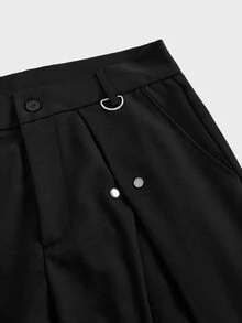 SWAVVY Men's Solid Color Pleated Curved Hem Loose Casual Long Pants - Black - View 3