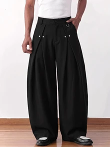 SWAVVY Men's Solid Color Pleated Curved Hem Loose Casual Long Pants - Black - View 6