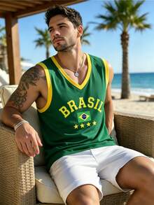 Manfinity Dauomo Men's Casual Vacation Letter Print Colorblock Tank Top Beach - Green - View 5