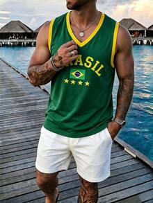 Manfinity Dauomo Men's Casual Vacation Letter Print Colorblock Tank Top Beach - Green - View 1