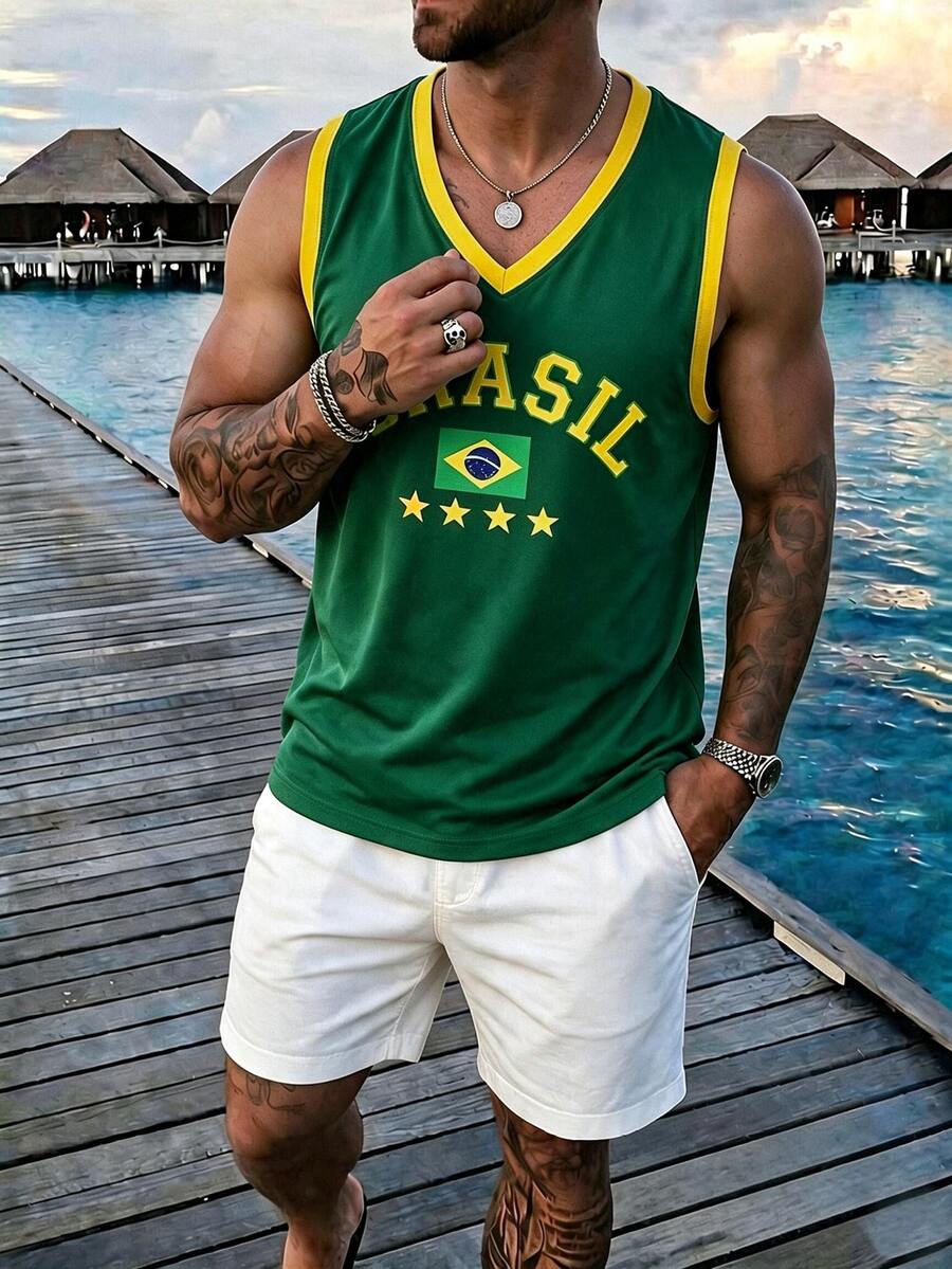Manfinity Dauomo Men's Casual Vacation Letter Print Colorblock Tank Top Beach - Green - View 1