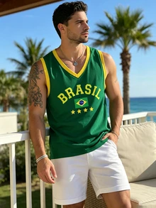 Manfinity Dauomo Men's Casual Vacation Letter Print Colorblock Tank Top Beach - Green - View 3