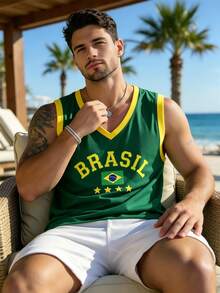 Manfinity Dauomo Men's Casual Vacation Letter Print Colorblock Tank Top Beach - Green - View 4