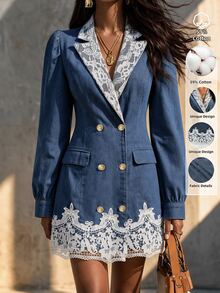 SHEIN Đầm cổ blazer màu xanh phong cách trí thức thanh lịch mùa thu, thiết kế cổ ren phối màu xanh trắng tương phản - Màu xanh lam - Xem 2
