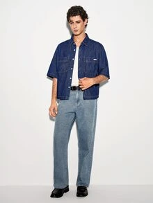 Colvenic 男士街頭風休閒拼接口袋藍色牛仔短袖襯衫 - 深色水洗藍 - 查看 7