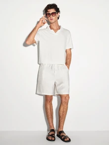 Colvenic Men's Casual Linen Textured Elastic Waist Shorts In Off-White - White - View 5