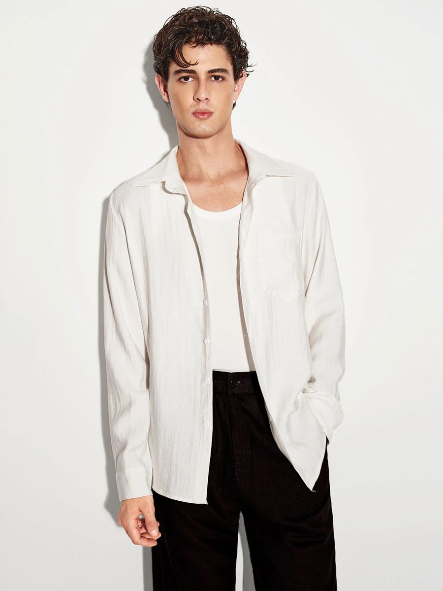 Colvenic Men's Solid Color Casual Versatile Daily Long Sleeve Shirt
