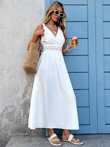 Vivid Eden Women's Gentle French Style Boho Tropical Lace Patchwork Knot Pleated Dress Beach Vacation White Summer - White - View 4