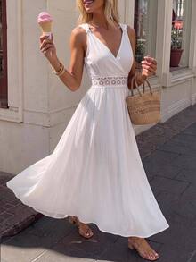 Vivid Eden Women's Gentle French Style Boho Tropical Lace Patchwork Knot Pleated Dress Beach Vacation White Summer - White - View 7