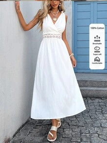Vivid Eden Women's Gentle French Style Boho Tropical Lace Patchwork Knot Pleated Dress Beach Vacation White Summer - White - View 3