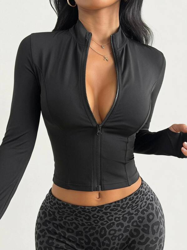 Coolane Women's Solid Color Stand Collar Zipper Long Sleeve Thumb Hole Minimalist Fashion Sports Jacket Black