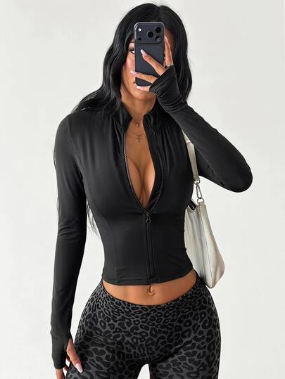 Coolane Women's Solid Color Stand Collar Zipper Long Sleeve Thumb Hole Minimalist Fashion Sports Jacket Black