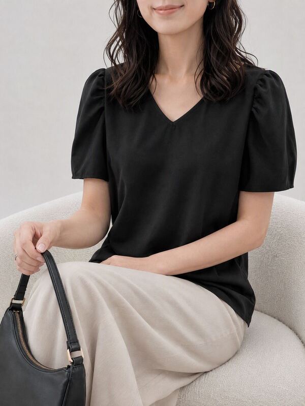 Yumoku Solid Puff Sleeve V Neck Blouse,Casual