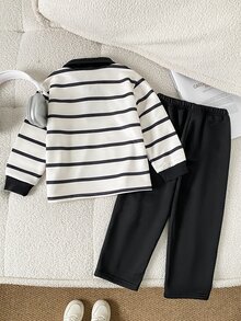 SHEIN Playful Pals Boys' Spring/Autumn Striped Sweatshirt With Faux Embroidery Cute Bear Pattern, Simple Casual Style, Turn-Down Collar, Half-Button Front, Long Sleeve Pullover Top With Black Long Pants Set, Suitable For Outings, Casual Wear, Daily Sports - Multicolor - View 3