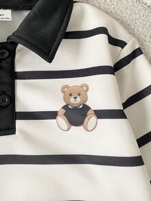 SHEIN Playful Pals Boys' Spring/Autumn Striped Sweatshirt With Faux Embroidery Cute Bear Pattern, Simple Casual Style, Turn-Down Collar, Half-Button Front, Long Sleeve Pullover Top With Black Long Pants Set, Suitable For Outings, Casual Wear, Daily Sports - Multicolor - View 6