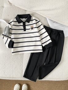 SHEIN Playful Pals Boys' Spring/Autumn Striped Sweatshirt With Faux Embroidery Cute Bear Pattern, Simple Casual Style, Turn-Down Collar, Half-Button Front, Long Sleeve Pullover Top With Black Long Pants Set, Suitable For Outings, Casual Wear, Daily Sports - Multicolor - View 5