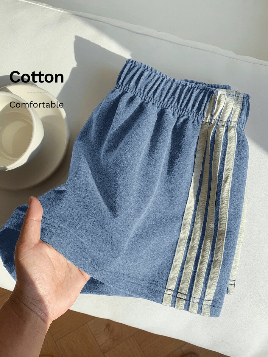 Comfortcana 女款復古寬鬆運動水洗藍色針織寬腿休閒短褲 藍色條紋棉質短褲 健身慢跑夏季款 - 藍色 - 查看 1