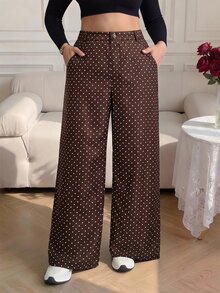 SHEIN MOD 大尺碼女款波點休閒百搭直筒長褲，適合日常穿著 - 巧克力棕 - 查看 6