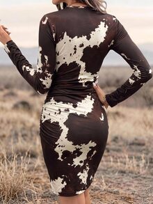 Wildy BOHO 牛仔女鄉村休閒西式鄉村遊牧風女款秋冬外穿基礎穿搭短款牛紋印花洋裝 白色牛仔女裝 - 彩色 - 查看 2