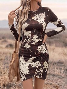 Wildy BOHO 牛仔女鄉村休閒西式鄉村遊牧風女款秋冬外穿基礎穿搭短款牛紋印花洋裝 白色牛仔女裝 - 彩色 - 查看 4