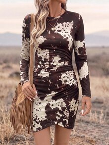 Wildy BOHO 牛仔女鄉村休閒西式鄉村遊牧風女款秋冬外穿基礎穿搭短款牛紋印花洋裝 白色牛仔女裝 - 彩色 - 查看 3