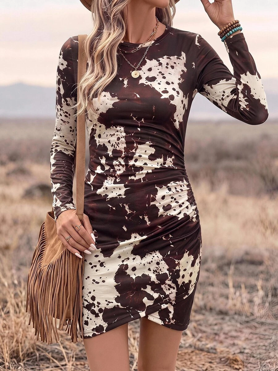 Wildy BOHO 牛仔女鄉村休閒西式鄉村遊牧風女款秋冬外穿基礎穿搭短款牛紋印花洋裝 白色牛仔女裝 - 彩色 - 查看 1