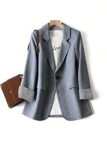 SHEIN Fiorisel 1 件女式灰色条纹拼布长袖缺口领西装外套 - 深灰色 - 查看 4