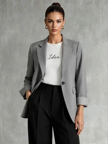 SHEIN Fiorisel 1 件女式灰色条纹拼布长袖缺口领西装外套 - 深灰色 - 查看 3