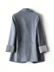 SHEIN Fiorisel 1 件女式灰色条纹拼布长袖缺口领西装外套 - 深灰色 - 查看 2