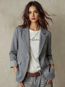 SHEIN Fiorisel 1 件女式灰色条纹拼布长袖缺口领西装外套 - 深灰色 - 查看 1