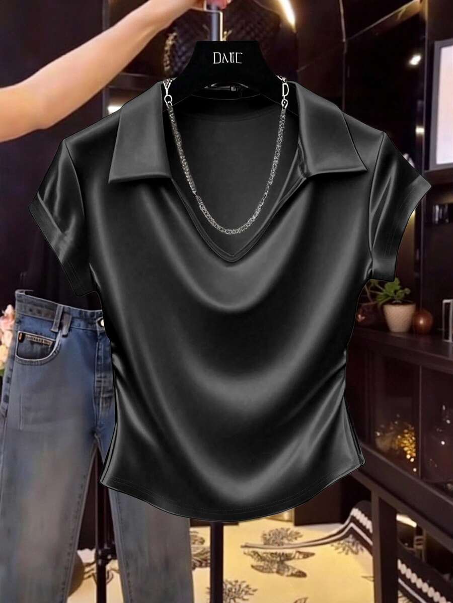 SHEIN Fiorisel Women's Fashion Casual Solid Satin Shiny T-Shirt Clothes For University - Black - View 1