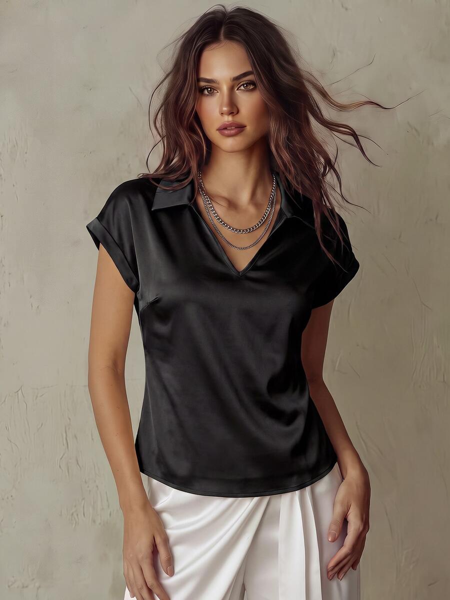 SHEIN Fiorisel 女式时尚休闲纯色缎面亮面T恤衫,适合大学穿着 - 黑色 - 查看 1