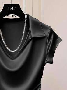 SHEIN Fiorisel 女式时尚休闲纯色缎面亮面T恤衫，适合大学穿着 - 黑色 - 查看 5