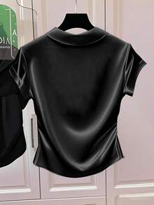 SHEIN Fiorisel 女式时尚休闲纯色缎面亮面T恤衫，适合大学穿着 - 黑色 - 查看 2