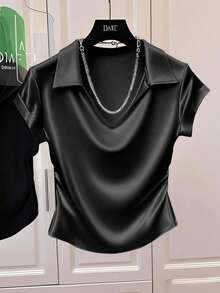 SHEIN Fiorisel 女式时尚休闲纯色缎面亮面T恤衫，适合大学穿着 - 黑色 - 查看 4