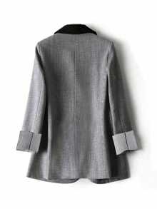 SHEIN Fiorisel 女士休闲黑灰色拼接面料翻领口袋覆盖袖口翻领下摆条纹西装外套 - 灰色 - 查看 2