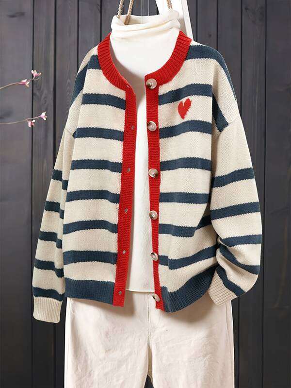 SHEIN Fiorisel 全新女式撞色心形条纹宽松针织开衫毛衣、长袖上衣