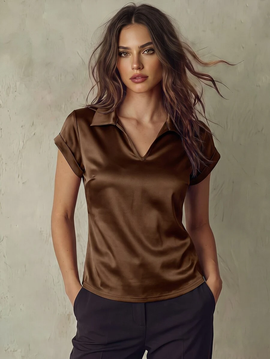 SHEIN Fiorisel Women's Casual Solid Color Satin Shiny T-Shirt Maillard Style Summer Brown Clothes For University - Brown - View 1
