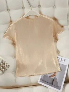 SHEIN Fiorisel Chic And Elegant Mermaid Princess Round Neck Shimmer T-Shirt - Apricot - View 2