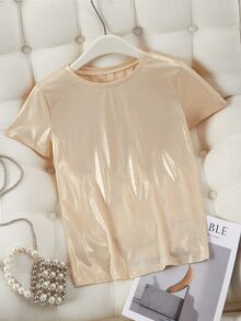 SHEIN Fiorisel Chic And Elegant Mermaid Princess Round Neck Shimmer T-Shirt - Apricot - View 3